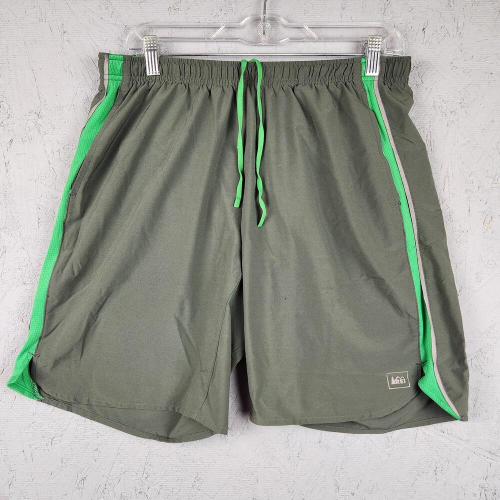 REI Shorts Mens Medium Gray Green Running Athletic Lined Drawstring Waist